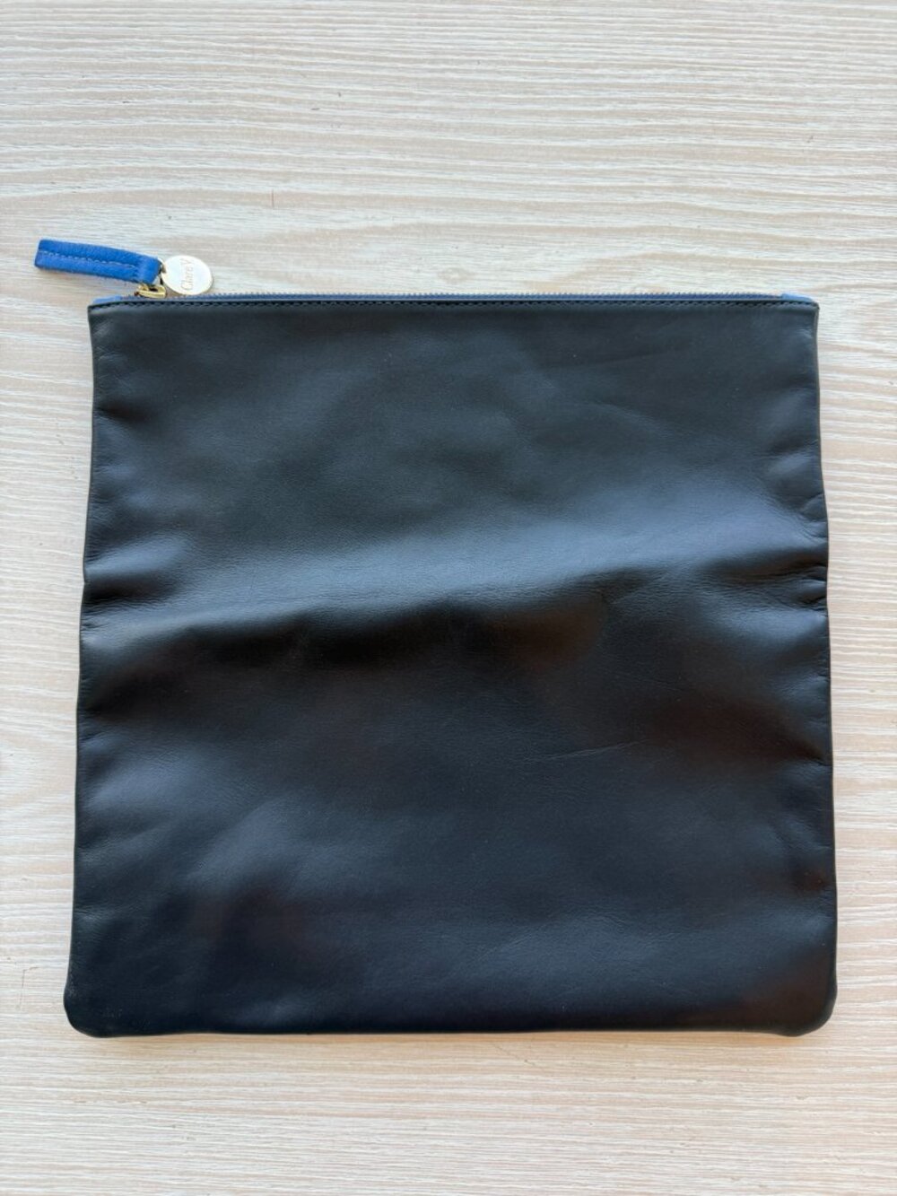Clare V Foldover Clutch Black Cobalt Blue Leather Two Tone - Picture 5 of 7